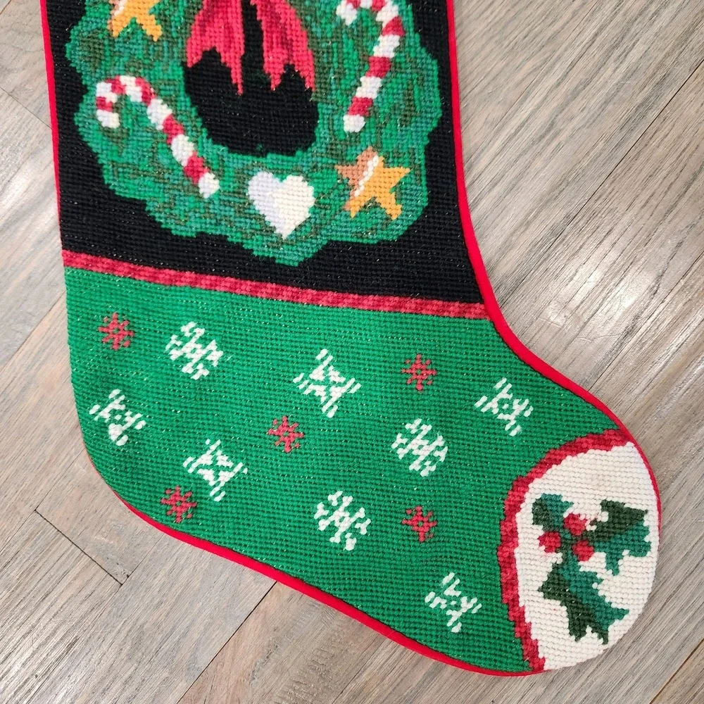 VTG Handmade Wool Needlepoint Holly‎ Wreath Candy Cane Christmas Velvet Stocking